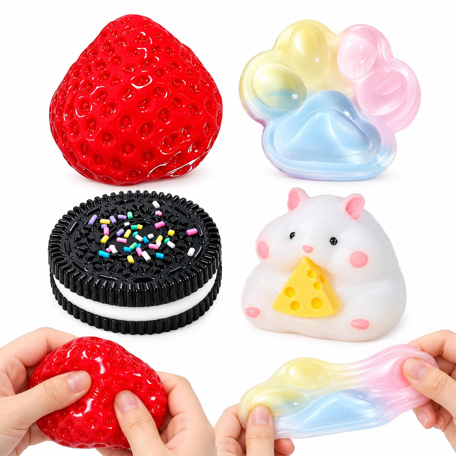 4Pcs Cute Squishy, Cat Paw Biscuit Fruit Hamster Squishies Fidget Toys