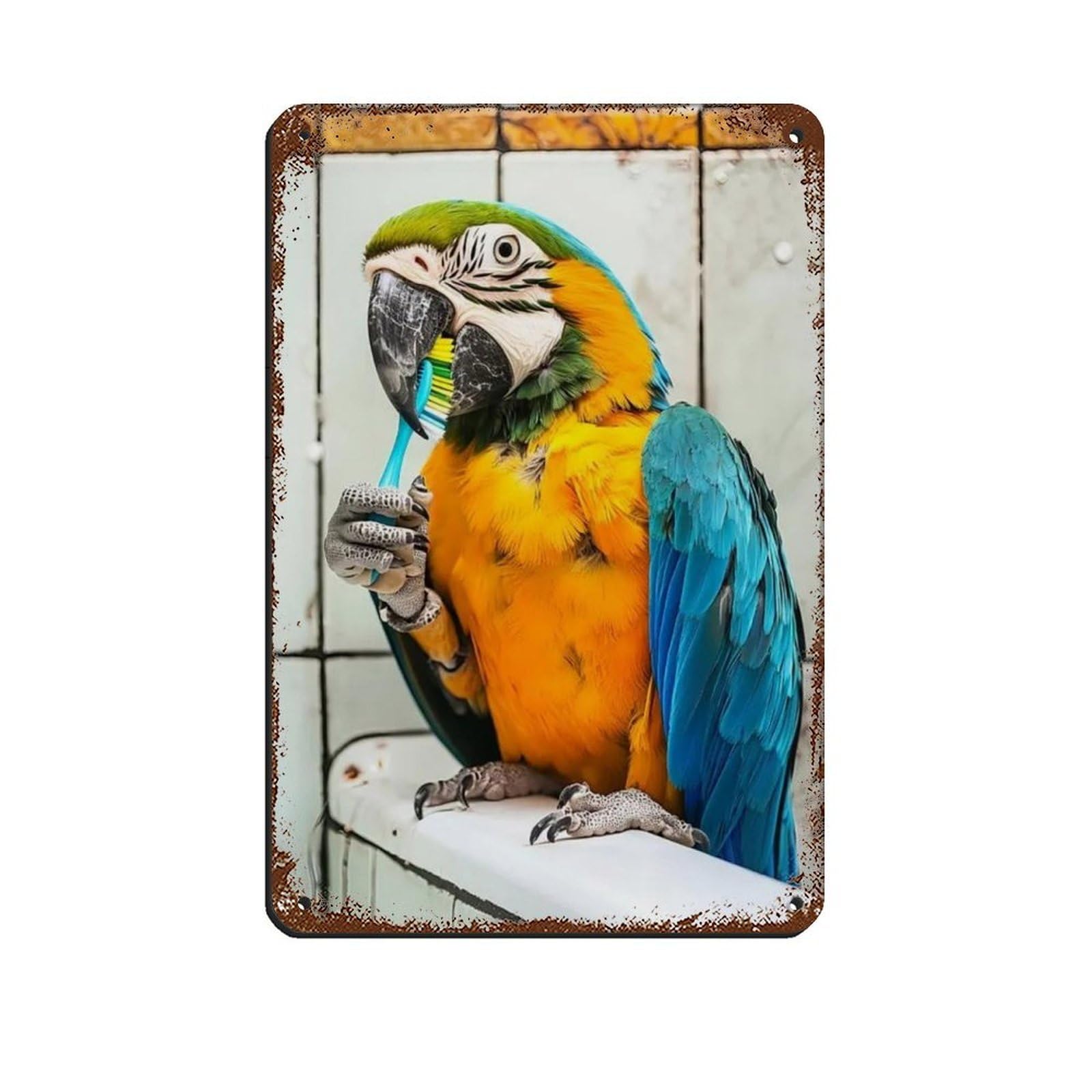 Parrot Brushing Teeth, Funny Bathroom Art Retro Poster Metal Tin Sign Chic Art Retro Iron Painting Bar People Cave Cafe Family Garage Poster Wall Decoration 8x12inch(20x30cm)
