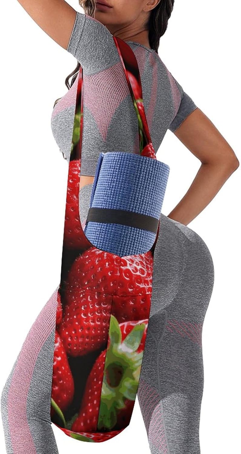Canvas Yoga Bag,Fresh Strawberries Printed Yoga Mat Handbag,Portable Yoga Mat Bag Large Capacity Gym Bag for Men Women Pilates Beach Travel