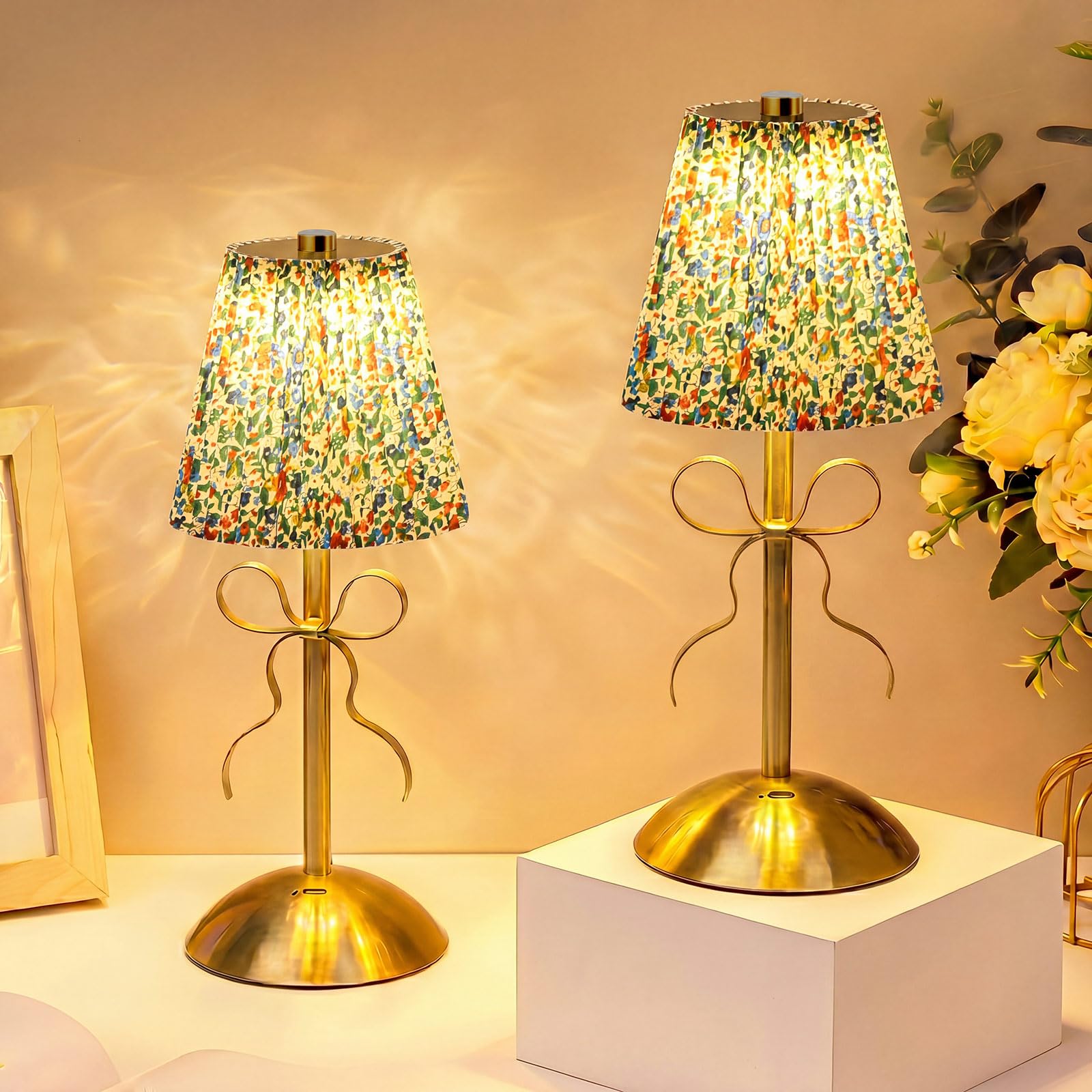 Liliful 2 Pcs Cordless Table Lamp LED Touch, Gold, Floral Style Bow