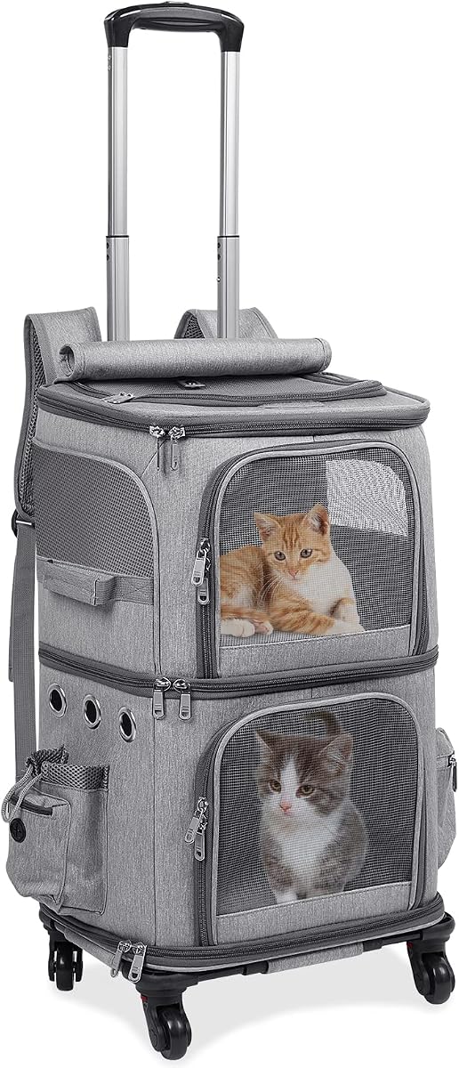 Mochila transportadora para gatos de doble compartimento con ruedas para dos mascotas | Transportín con ruedas para mascotas 2 en 1 para gatos y perros pequeños, perfecto para viajar/caminar/veterinario, hasta 12 libras cada uno, gris