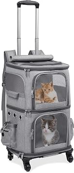 Double-Compartment Cat Carrier Backpack with Wheels for Two Pets | 2-in-1 Pet Rolling Carrier for Smalls Cats and Dogs, Perfect for Traveling / Walking/ Vet, Up to 12 lbs each, Grey