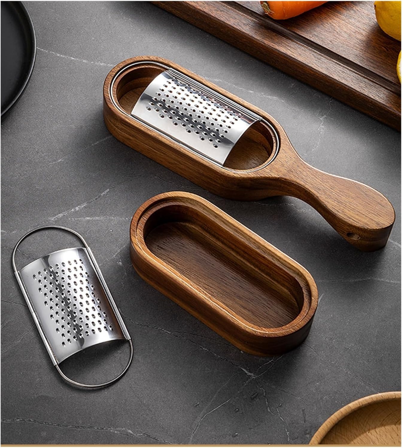 Wooden Cheese Grater with Stainless Steel Blade, Rustic Brown Cheese Shredder with Handle and Storage Space.