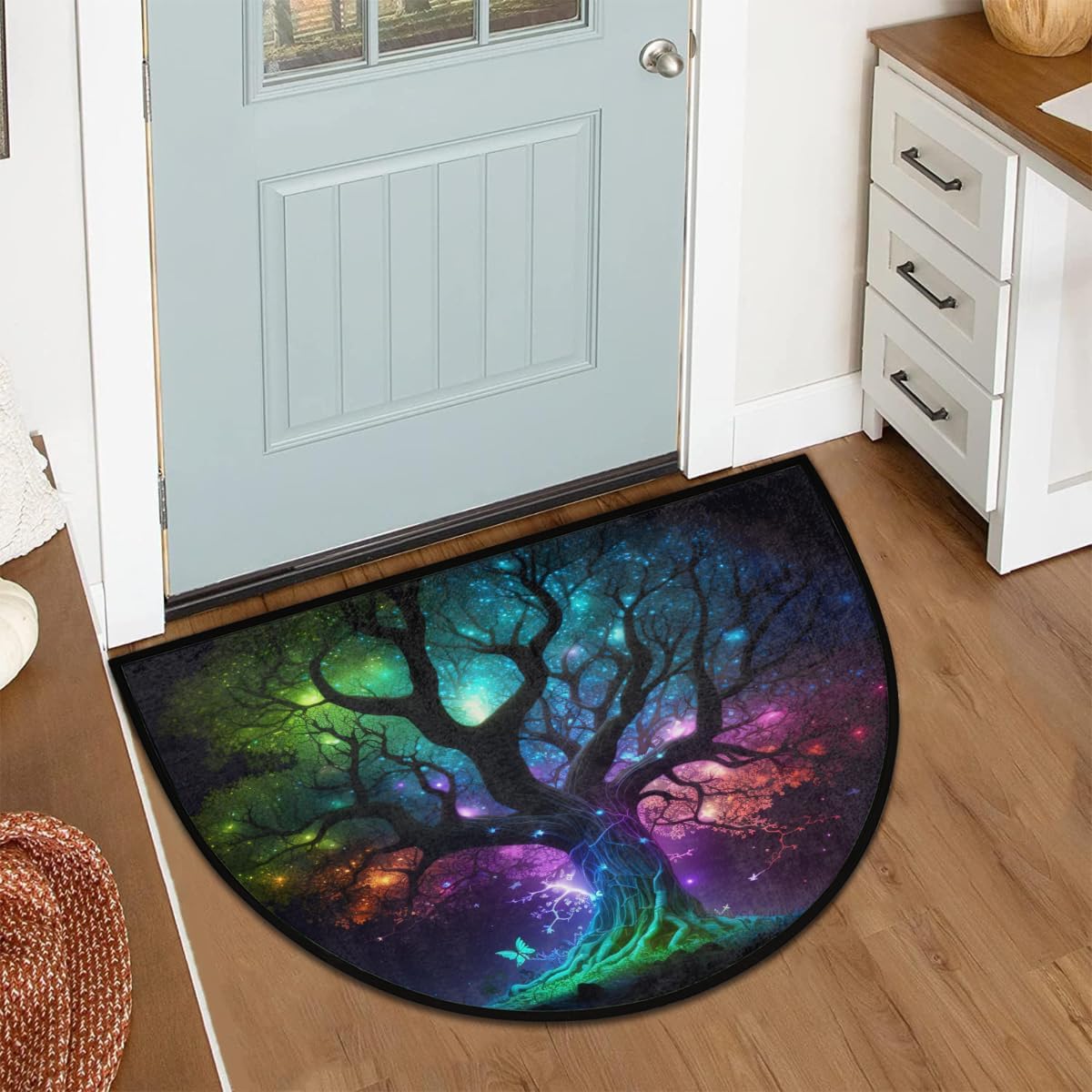 Half Round Door Mat Galaxy Tree of Life Semi Circle Area Rug Washable Half Moon Bathroom Rugs Entryway Rug for Indoor Outdoor Kitchen Hearth Fireplace Floor Welcome Carpet Low Profile