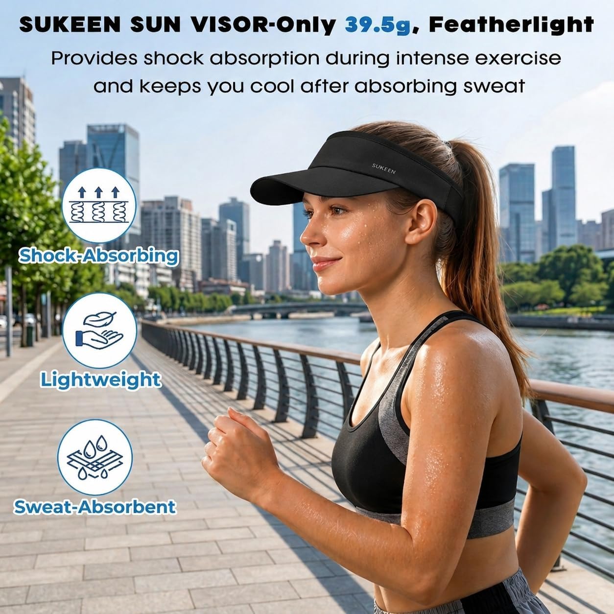 Sukeen Sports Sun Visors for Women Men Running Visor with Shock Absorbing | Ultrlight Stretchy Visor Hat with Sweatband, Foldable UPF50+ Sun Hat for Tennis Golf Run Pickleball Softball Hiking Cycling