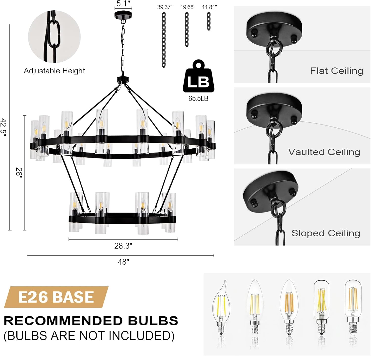 48" Modern High Ceiling Chandelier, 2 Tier Wagon Wheel Chandelier with Glass Shade, 24-Lights Large Round Modern Farmhouse Pendant Lighting Fixture for Dining Room, Living Room,Kitchen, Foyer
