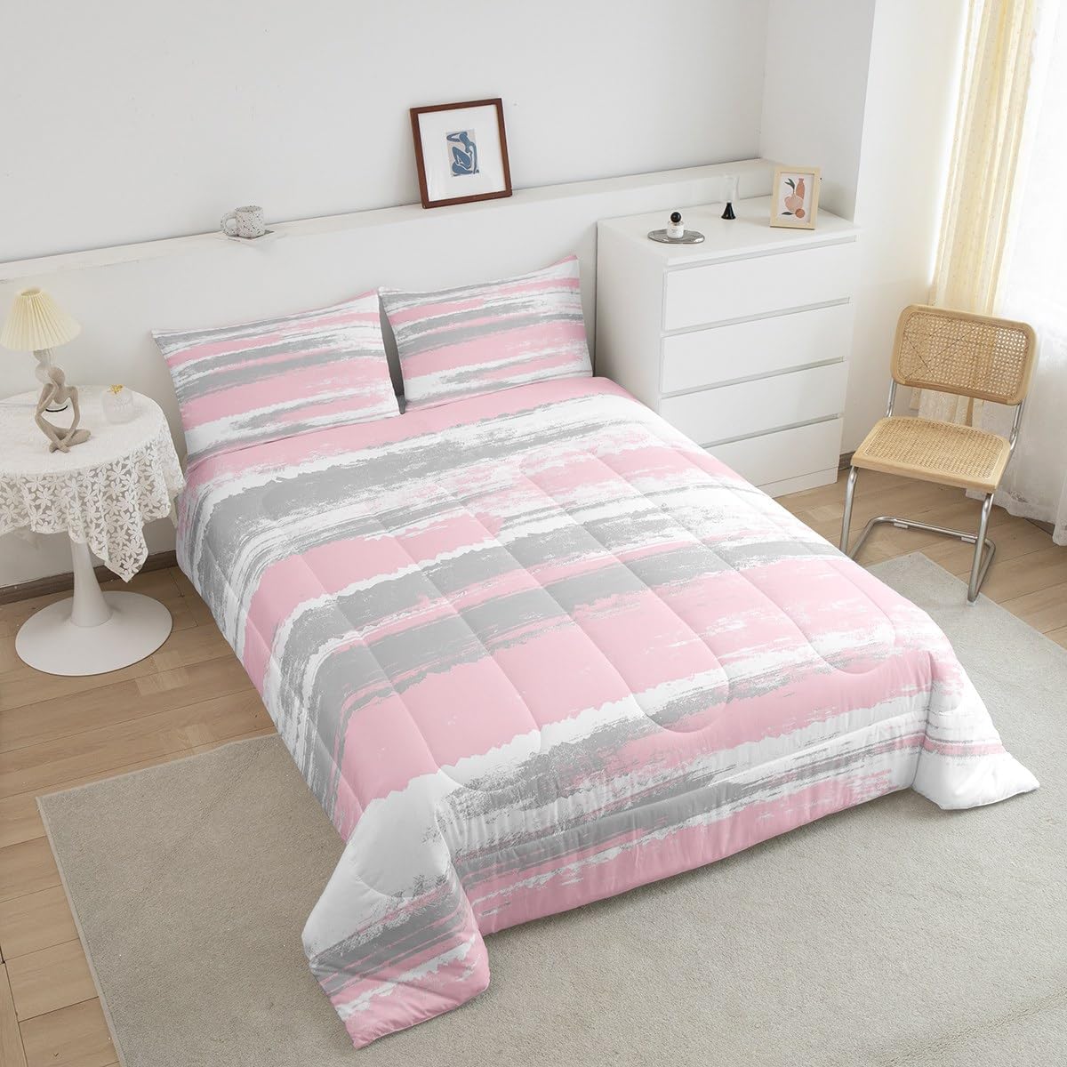 jejeloiu Pink Gray and White Bedding Set Twin Size Kids Stripe Line Comforter Set for Boys Girls Teens Abstract Geometric Duvet Quilt Breathable Soft Lightweight Microfiber Room Decor