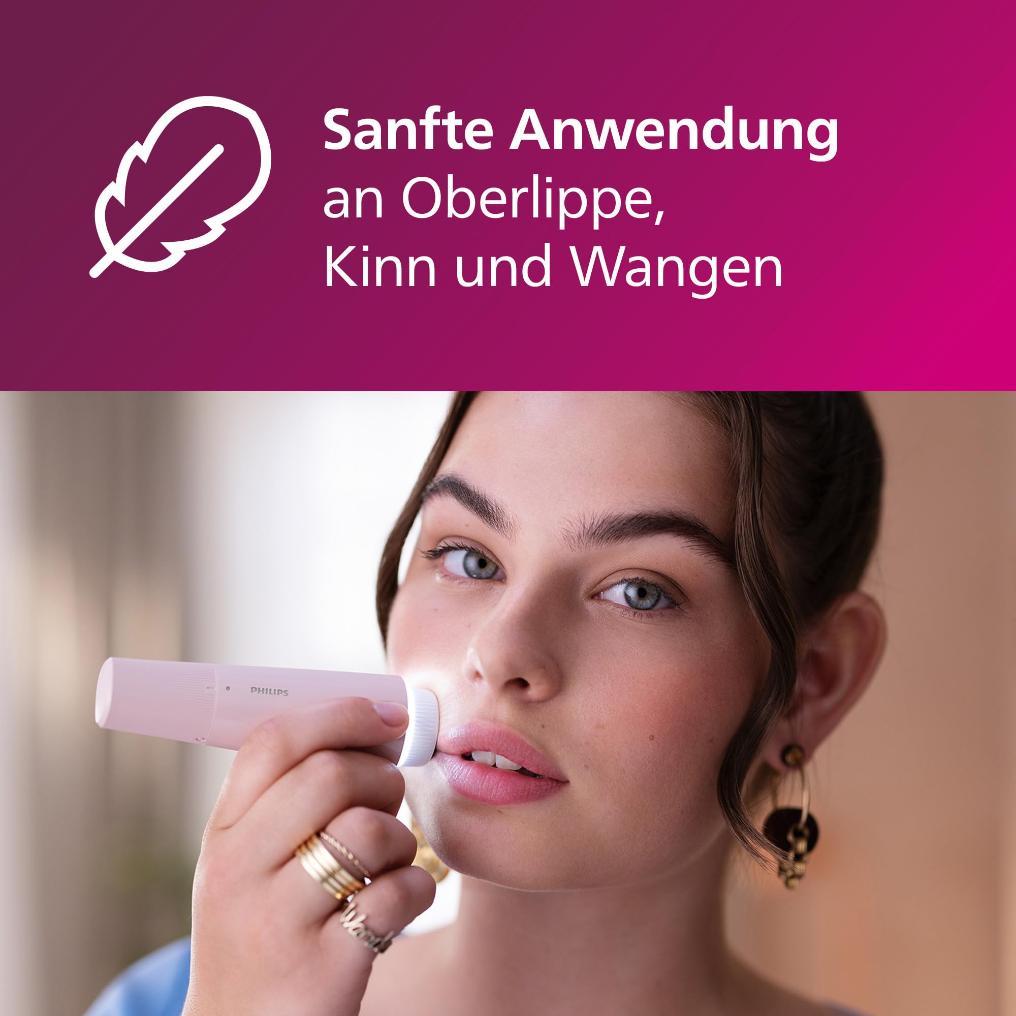 Philips Gesichtshaarentferner, 5000 Series, Haarentfernungsgerät für Frauen, kabellos und kompakt, mit hypoallergenem Kopf, sanftes und schnelles Entfernen feinster Haare im Gesicht, Modell BRR454/00