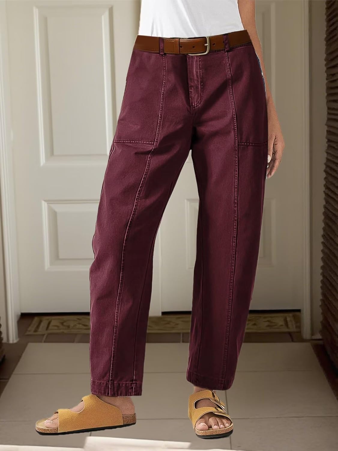 Flamingals Women’s Mid Waist Crop Pants Carrot Straight Leg Casual Fashion Trendy Stitch Detail Pants