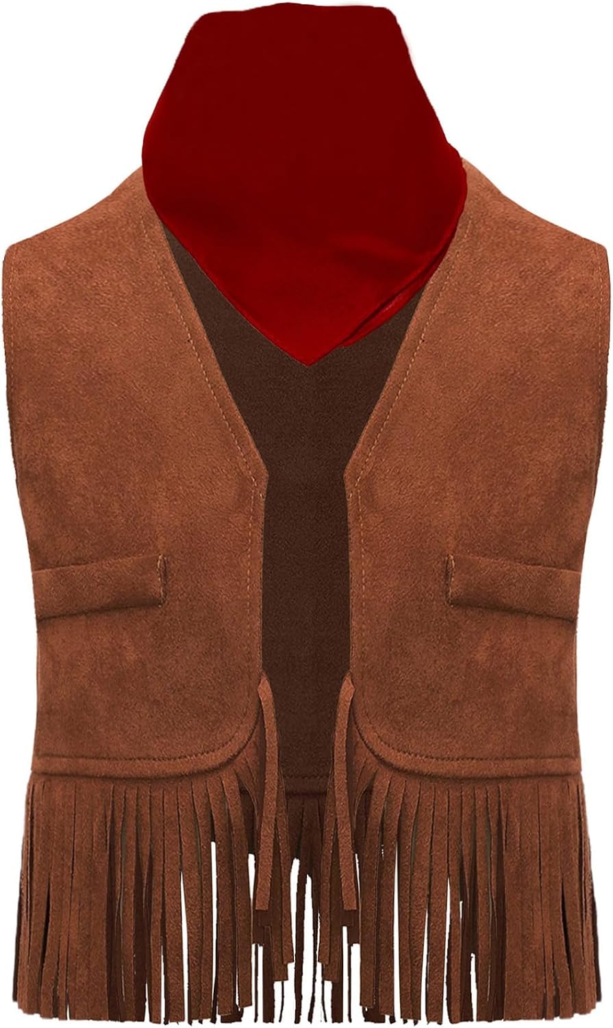 Baby Western Cowgirls Suit Little Girls Boys Tassel Vest with Bandana Hippie Dance Waistcoat