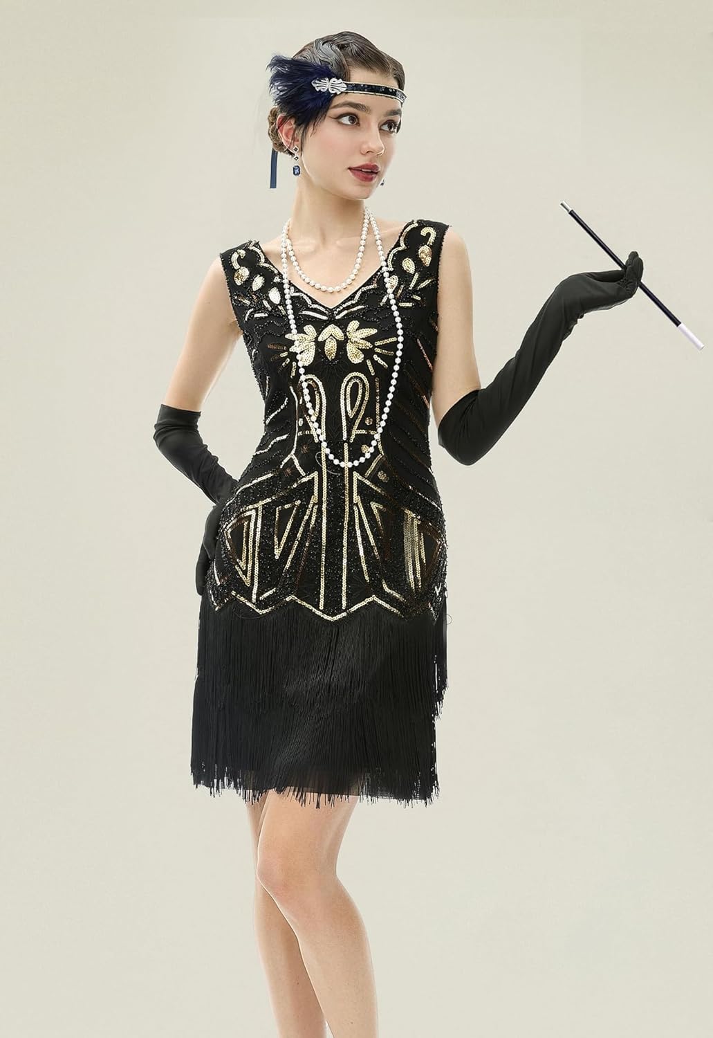 BABEYOND 1920s Flapper Accessories Gatsby Costume Accessories Set 20s Flapper Headband Pearl Necklace Gloves Plastic Holder - Image 2