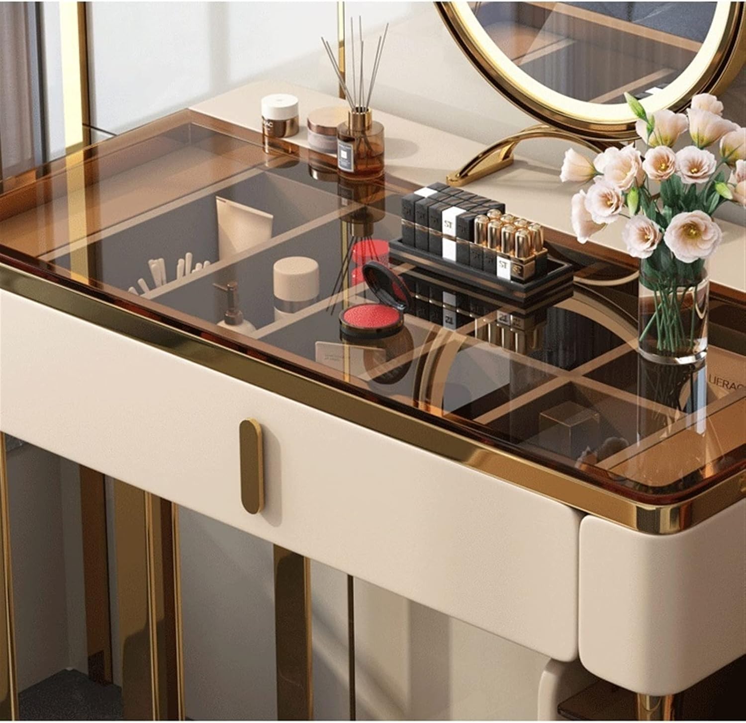 Vanity Dressing Table Set Luxury Makeup Bench with 3 Colors Led Hd Mirror,Comfortable Stool Drawers Cabinet,Modern Simple Style,for Girl's Gift,White (Size : 80CM) ()