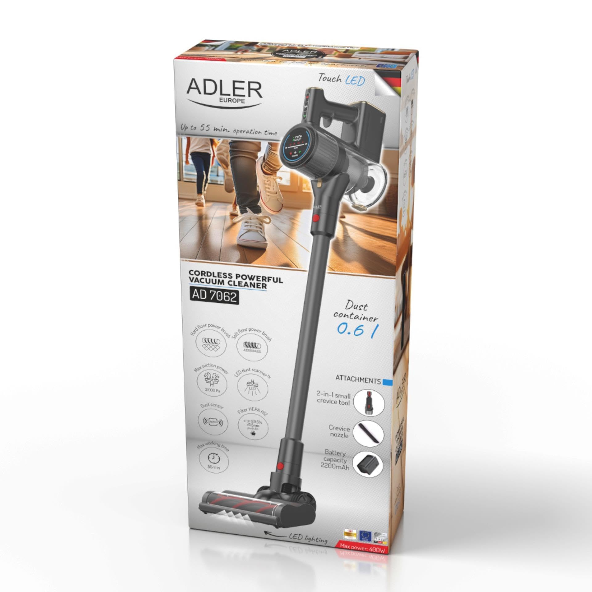 Odkurzacz bezprzewodowy ADLER EUROPE, odkurzacz pionowy 400W/31000Pa, ekran dotykowy LED, czas pracy 55 min, bezprzewodowy odkurzacz do twardych podłóg i dywanów, uchwyt ścienny