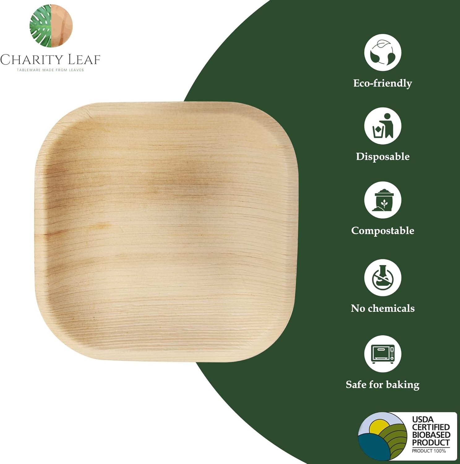 Charity Leaf Disposable Palm Leaf 4" Square Plates (50 pieces) Bamboo Like Serving Platters, Disposable Boards, Eco-Friendly Dinnerware For Weddings, Catering, Events