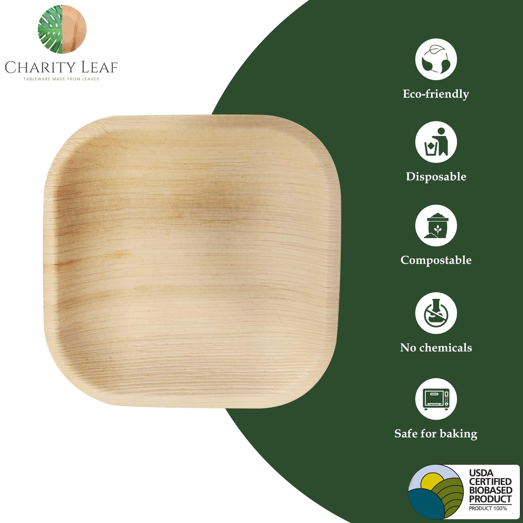 Charity Leaf - Platos desechables de hoja de palma como juego de platos cuadrados de bambú| bodas, tablas de embutidos, barbacoas y fiestas | Platos Cuadrados (50, 4 Cuadrados)