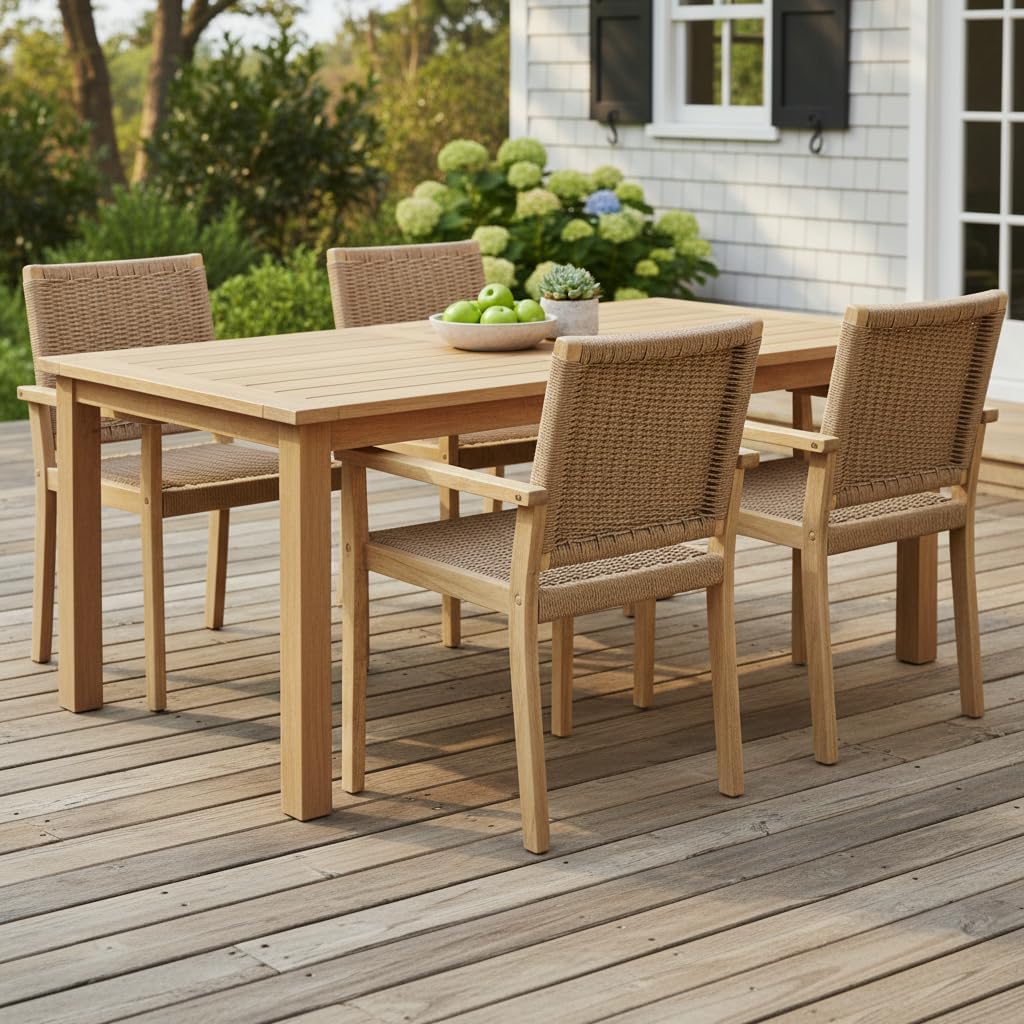 Tangkula Rubber Wood Patio Dining Chairs Set of 2, Outdoor Dining Chairs with Rope Woven Backrest & Seat, Solid Wood Frame & Armrest, Indoor/Outside Armchairs for Balcony, Porch, Poolside, Deck