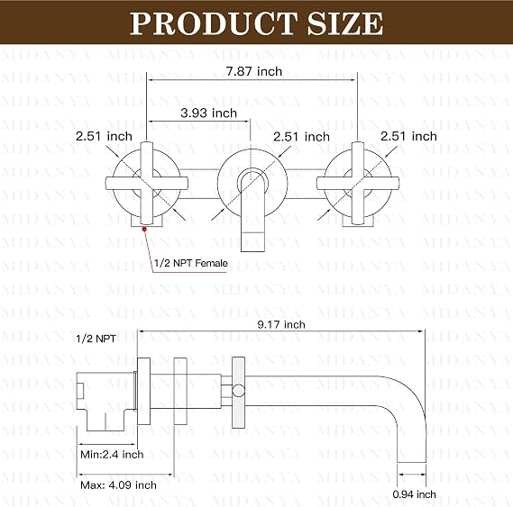 Midanya Wall Mounted Bathroom Sink Faucet,Double Handle 3 Holes Widespread Vanity Sink Mixer Tap with Rough in Valve Dual Cross Handles Faucets,Antique Brass