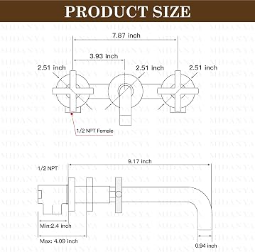 Midanya Wall Mounted Bathroom Sink Faucet,Double Handle 3 Holes Widespread Vanity Sink Mixer Tap with Rough in Valve Dual Cross Handles Faucets,Antique Brass