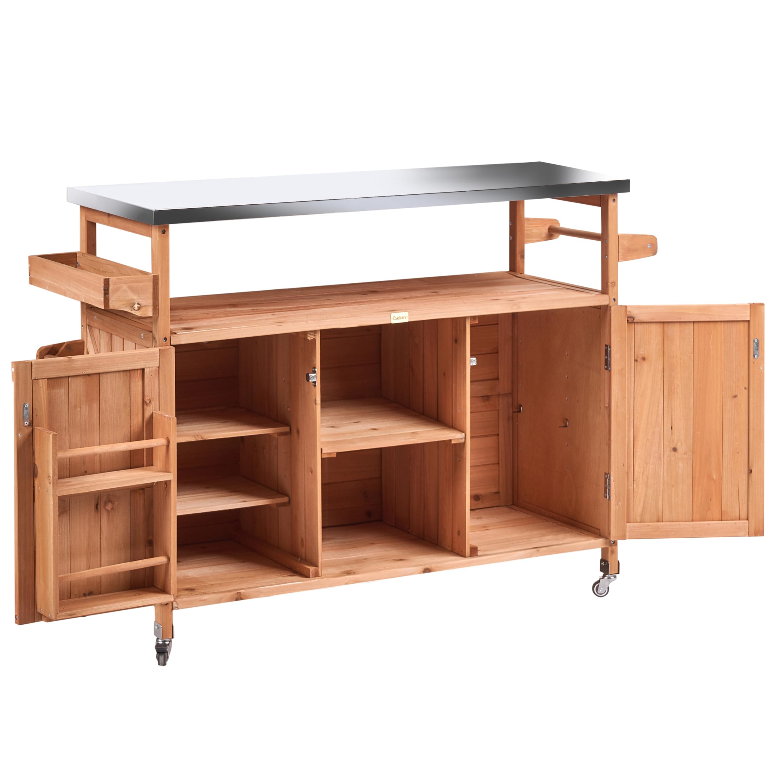 Beliani Outdoor Kücheninsel Tannenholz Edelstahl Hellbraun Rollen 128x47x85 cm Scanno