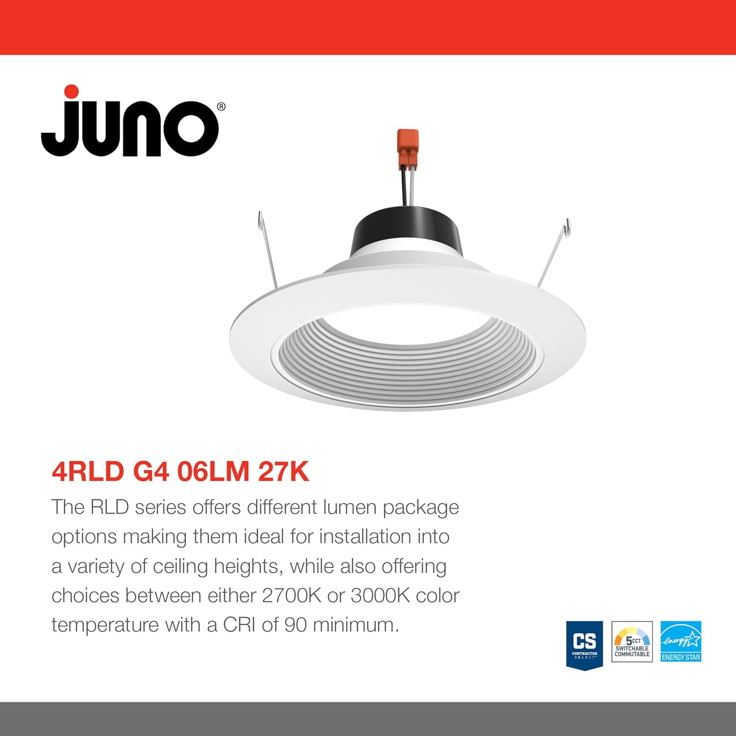 Juno 4 Inch LED Recessed Lighting, G4 Series Retrofit LED Downlight, Ceiling Light for Kitchen or Shower, 600 Lumens, 2700K Soft White, Wet Location Rated, Dimmable, Baffle Trim