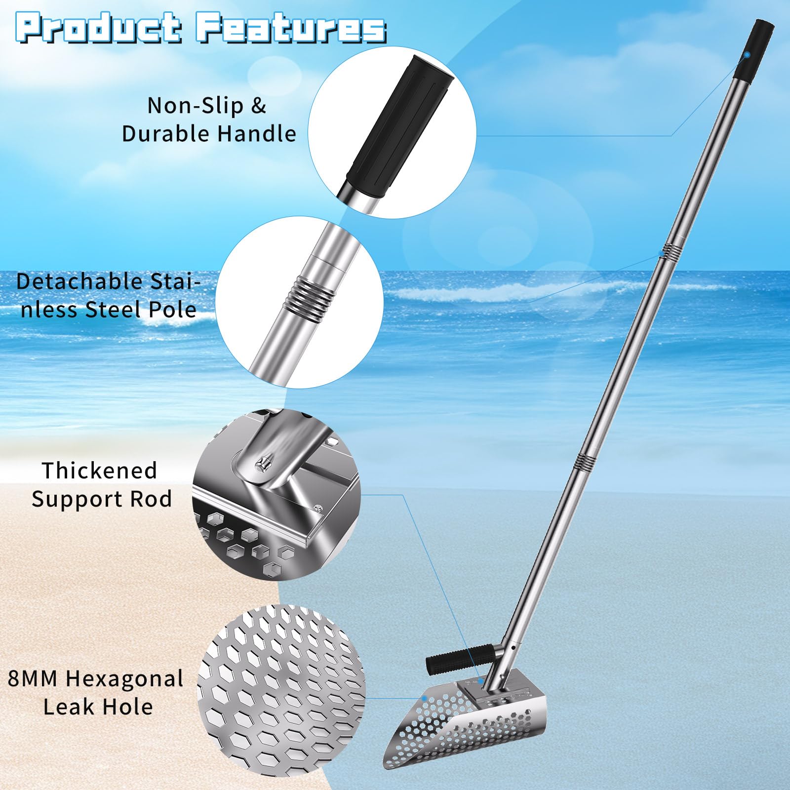 Pelle à sable à long manche, pelle de plage en acier inoxydable pour détection de métaux et chasse au trésor avec design antirouille
