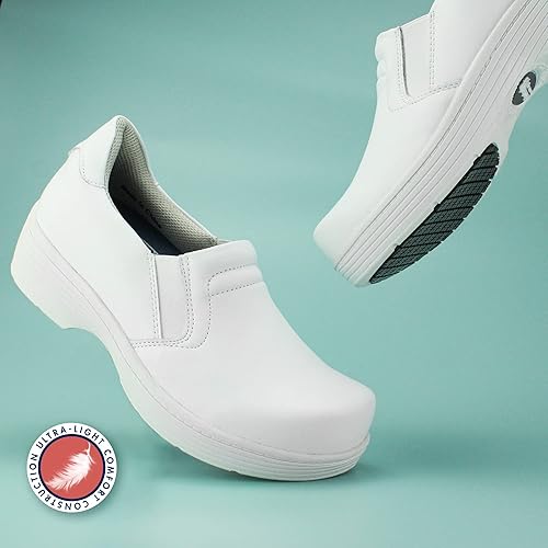 Miniatura 7 de Hawkwell Zuecos de cuero profesional para enfermeras, ligeros, antideslizantes y con soporte de arco para mujer, zapatos de enfermería para