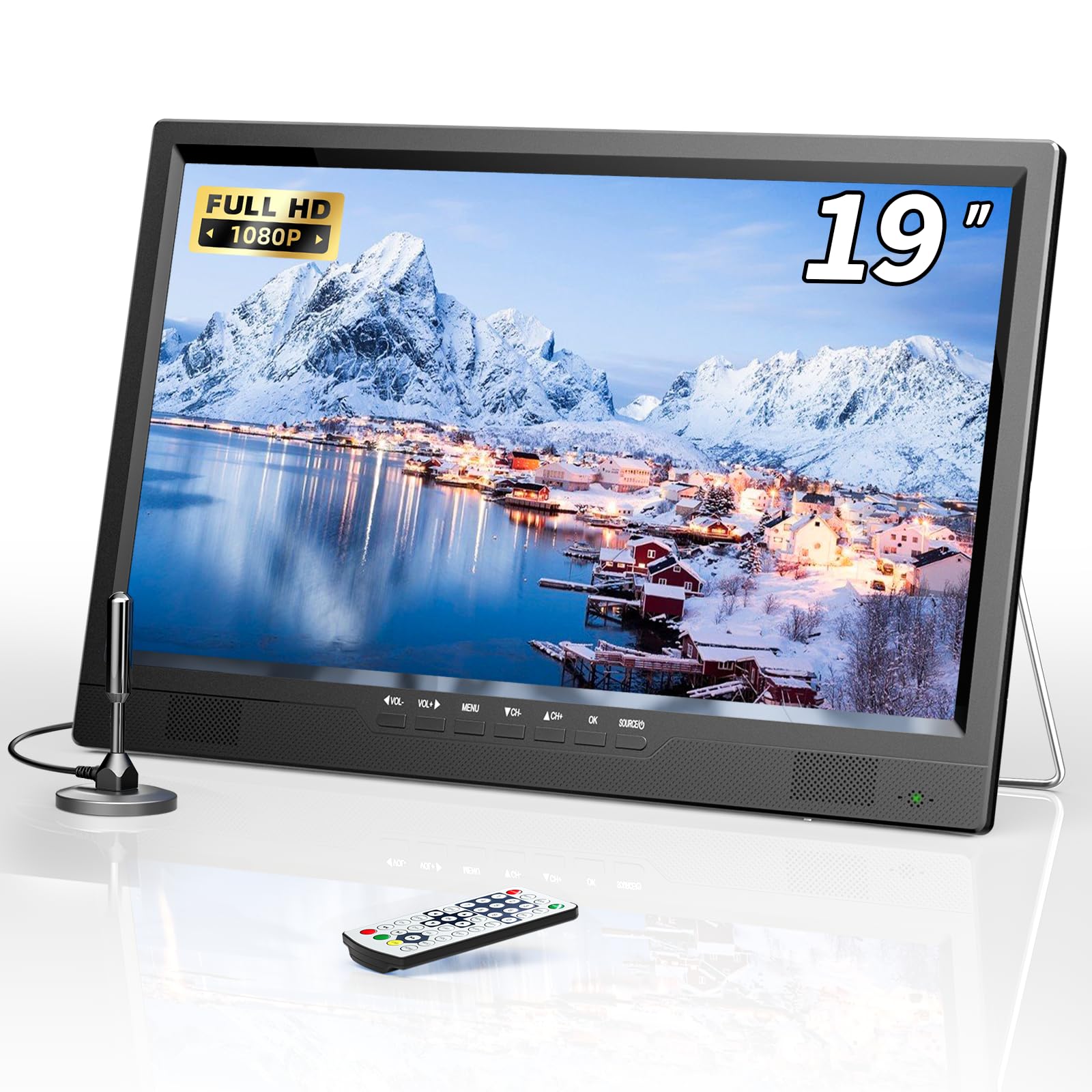 19.1" 1080P HD Portable TV with Antenna, Small TV with HDMI Input, AV Input, USB Port, Portable Monitor with Built-in Stand, Small Portable TV for Kitchen Bedroom Camping RV, (no built-in battery)