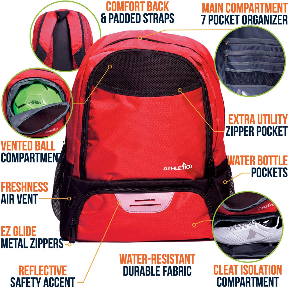 Athletico Fußballtasche für Jugendliche, Fußballrucksack & Taschen für Basketball, Volleyball & Fußball | für Kinder, Jugendliche, Jungen, Mädchen | Inklusive separater Stollen und Ballfach