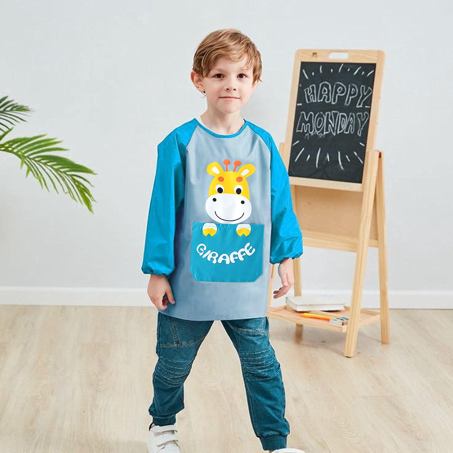 HIQUACC Kids Waterproof Art Smock with Long Sleeves - Graffiti Painting Crafting Apron for Toddlers Children (Blue-M) - Image 4
