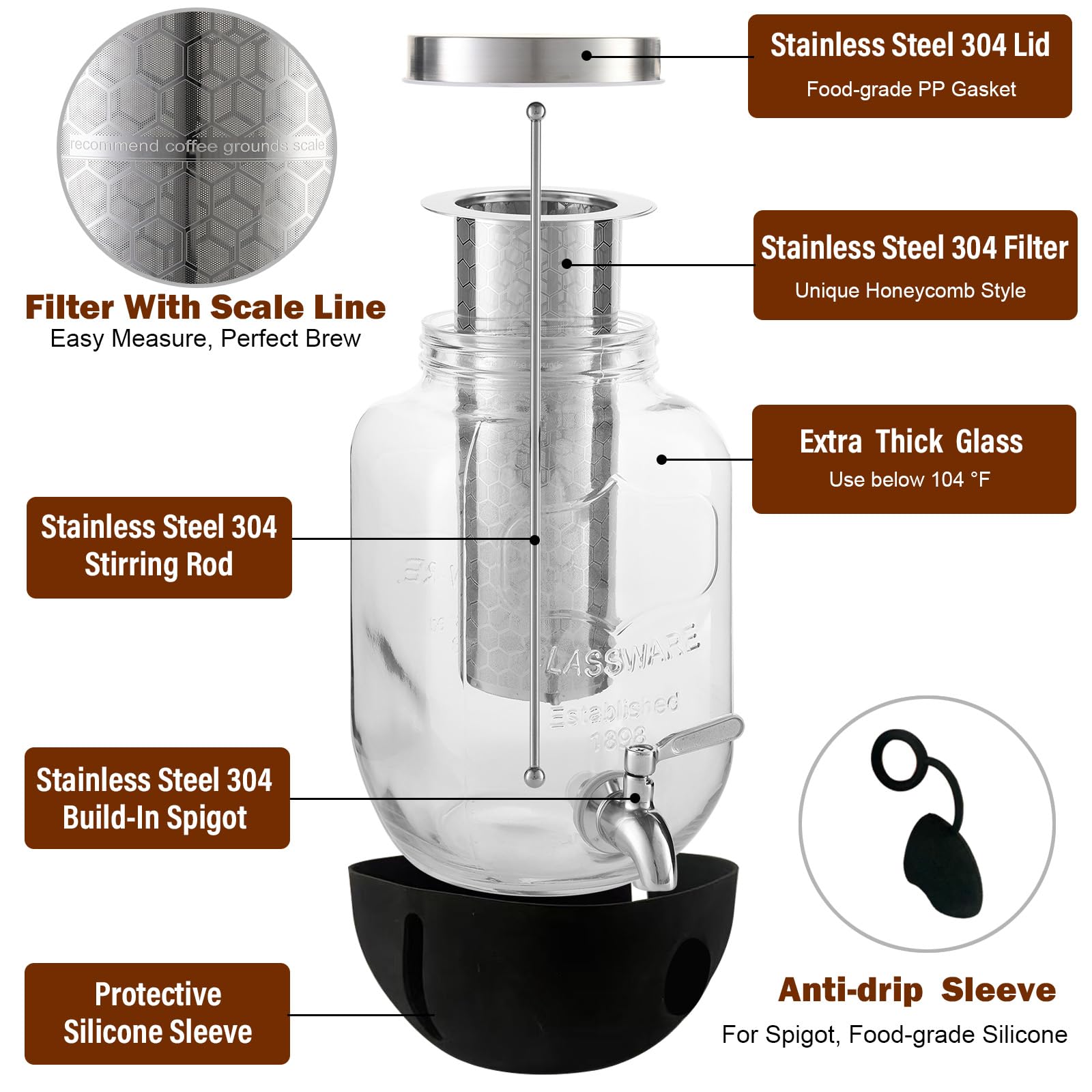 Kaltgebrüh-Kaffeemaschine, 3,5 l Eiskaffeemaschine mit Edelstahlfilter, robuster Glas-Krug mit Edelstahl-Zapfhahn, Einmachglas, Kaltgebrüh-Kaffeemaschine, schneller Eisteebereiter