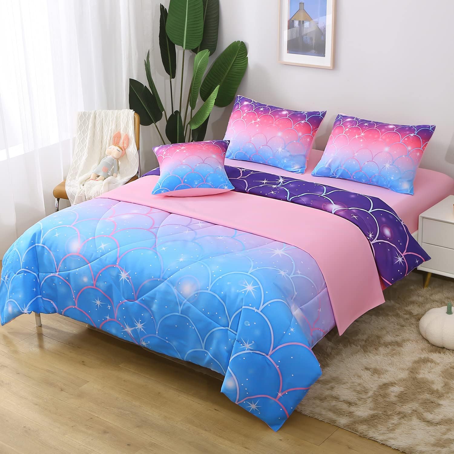 JQinHome Twin Size Mermaid Comforter Set, 6 Piece Bed in A Bag 3D Colorful Bedding Set for Girls Kids (1 Comforter,2 Pillowcases,1 Flat Sheet,1 Fitted Sheet,1 Cushion Cover)(Pink Mermaid Scale)