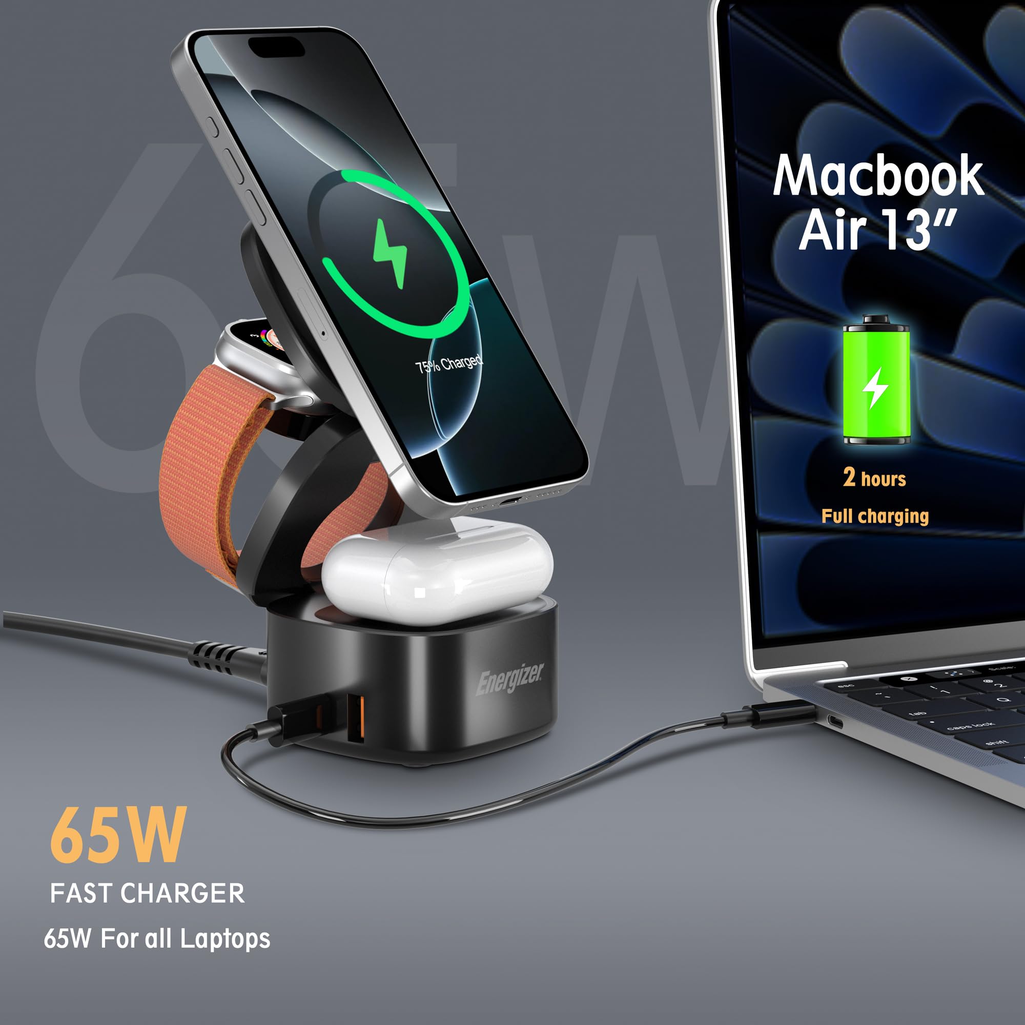 Składana stacja ładująca do Apple 65 W, GaN, USB, C, PD, QC, szybka ładowarka, stacja dokująca do wielu urządzeń, 6 w 1, bezprzewodowa, magnetyczna ładowarka, do iPhone'a 15, 14, 13, 12 Pro, Max