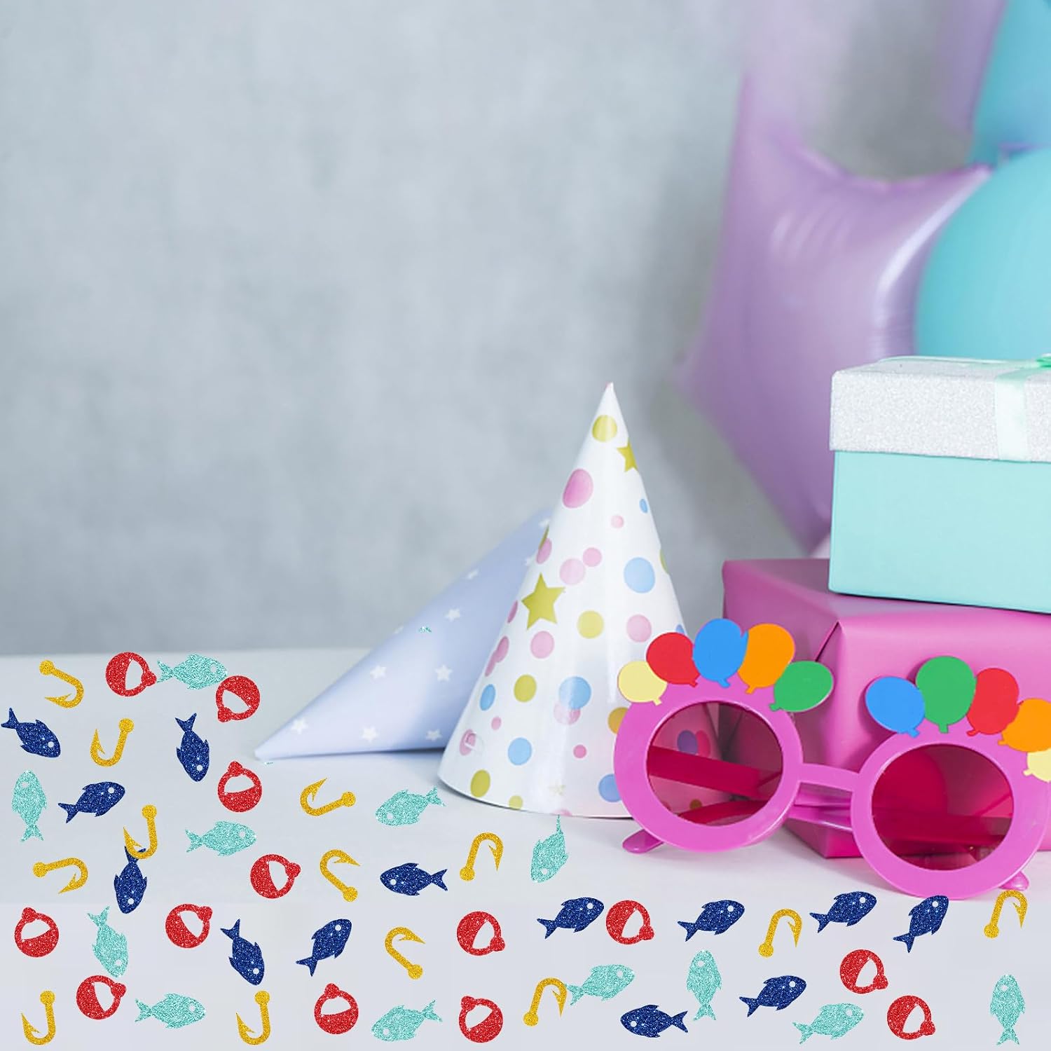 100pcs Fishing Confetti, Colorful Glitter O-Fish-Ally One Table Confetti, Fishing Birthday Paper Scatters, Fish Theme Birthday/Retirement Party Table Decoration