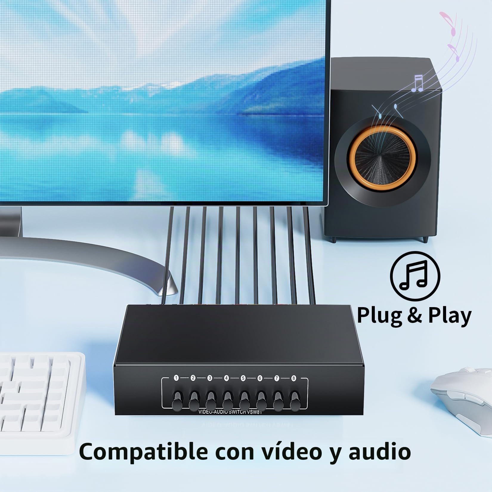 BolAAzuL Conmutador RCA 8 en 1 salida de video compuesto L/R caja selector de audio 8 x 1, conmutador RCA de 8 vías - Interruptor selector AV de 8 puertos - Plug & Play para Wii PS2 Xbox DVD STB HDTV