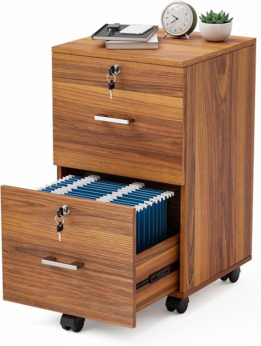VINGLI 2-Drawer Rolling File Cabinet with Lock, Wood Mobile File Organization for Hanging Letter Size Filings Under Desk Filing Cabinets for Home Office, Assembly Required, Classic Walnut, 26.5" H