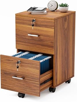 VINGLI 2-Drawer Rolling File Cabinet with Lock, Wood Mobile File Organization for Hanging Letter Size Filings Under Desk Filing Cabinets for Home Office, Assembly Required, Classic Walnut, 26.5" H