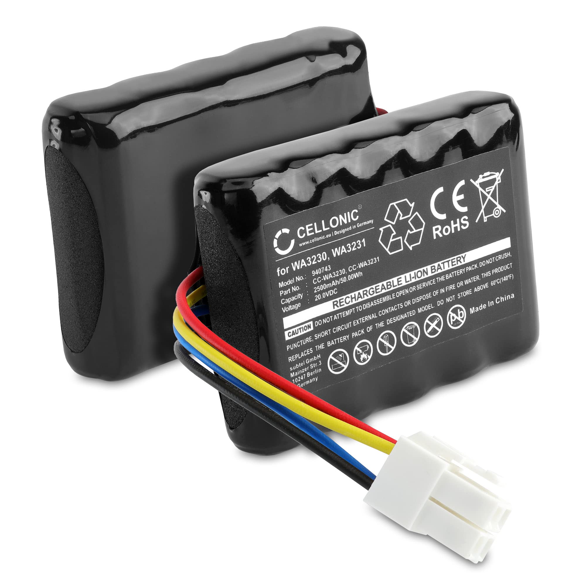 CELLONIC 2X Batería Compatible con Worx Landroid S Basic, 390m2 | 2x, (2500mAh-20V-Ion de litio), Herramienta Batería, para Worx WA3230, 50032492, WR105SI, WR105SI.1, 50032774, WR106SI.1