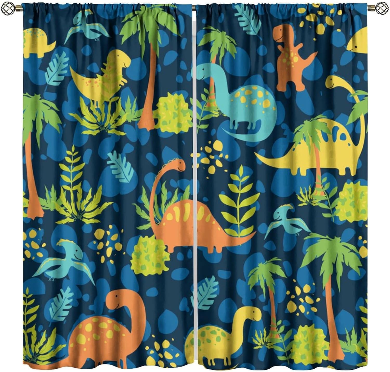Dinosaur Curtains, Cute Cartoon Dino Navy Blue Safari Animal Pattern for Kids Boys Girls Room Decor, Print Blackout Drapes for Living Room Bedroom Kitchen 2 Panel Set 21" W X 45" L
