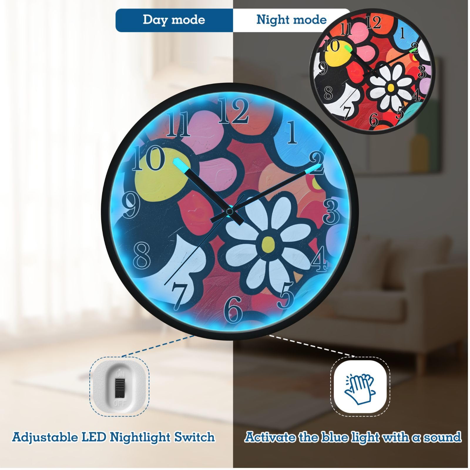 Mnsruu Reloj de pared infantil con diseño de garabatos florales luminosos para dormitorio, funciona con pilas, reloj silencioso que brilla en la oscuridad, para sala de estar, cocina, 12 pulgadas
