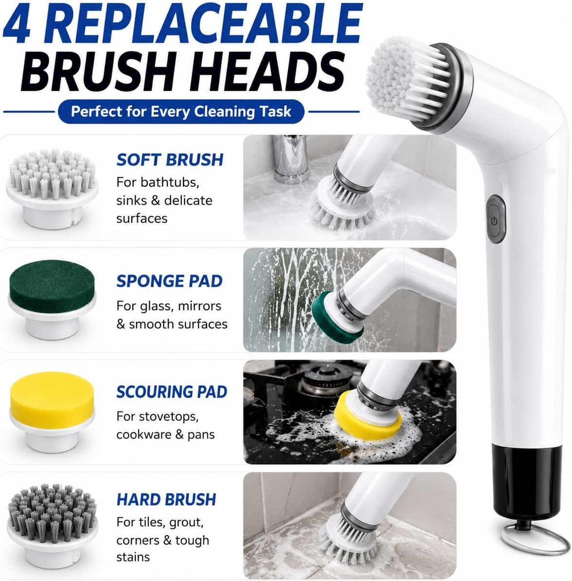 Electric Spin Scrubber Cordless Cleaning Brush, USB Rechargeable Power Scrubber for Bathroom, Kitchen, Tile, Grout, Sink & Shower Cleaning, 4 Replaceable Brush Heads, Portable Handheld Cleaning Tool