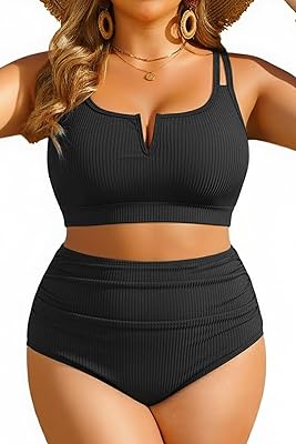 Yonique Women Plus Size High Waisted Bikini - Ribbed Two Piece Swimsuit Tummy Control Bathing Suit V-Wired 2026 Swimwear