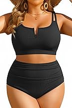 Women Plus Size High Waisted Bikini - Ribbed Two Piece Swimsuit Tummy Control Bathing Suit V-Wired 2025 Swimwear
