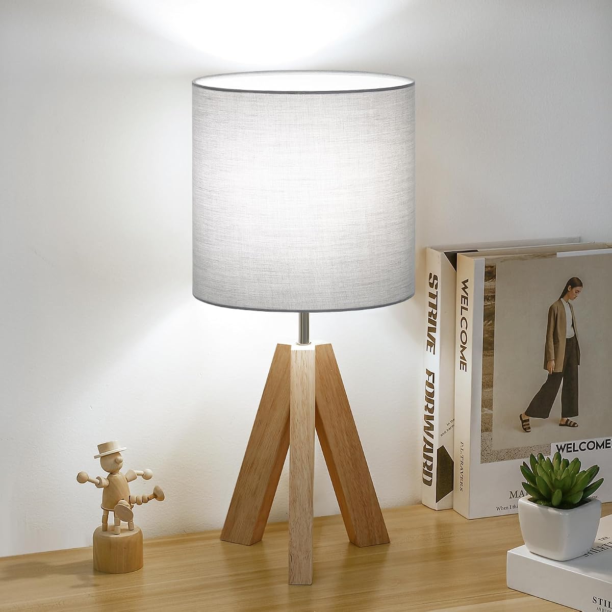 Small Bedside Table Lamp, Wooden Tripod Modern Table Lamp with Grey Linen Fabric Shade, Farmhouse Nightstand Lamp for Living Room, Bedroom, Home, Nursery, Office