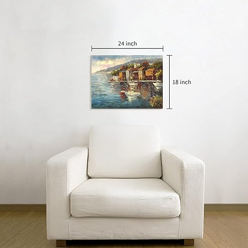 Miniatura 3 de WALLSUP DECOR Lienzo decorativo para pared, paisaje oceánico, pintura al óleo costera abstracta con veleros, paisaje marino texturizado, montañas y