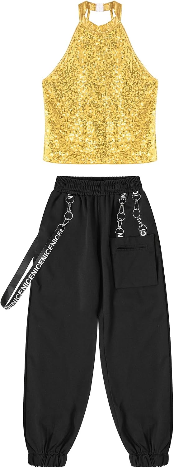 Girls Hip Hop Jazz Dance Clothes Kids Sparkle Halter Neck Crop Top with Jogger Cargo Pants Set Tracksuit