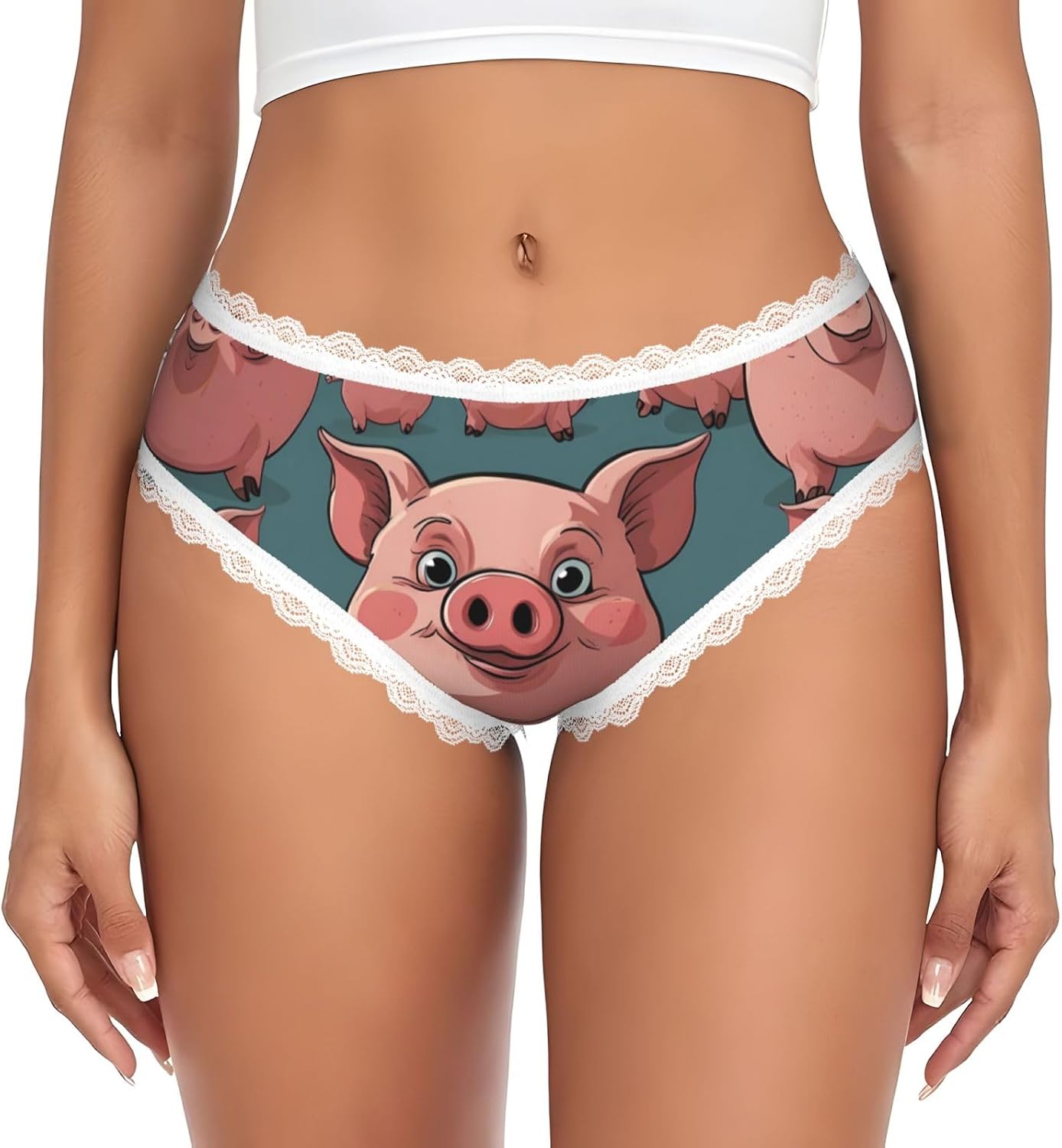 Cartoon pig Women's Lace Briefs, Transfer Printing Low Rise, Polyester Spandex Seamless Soft Panties