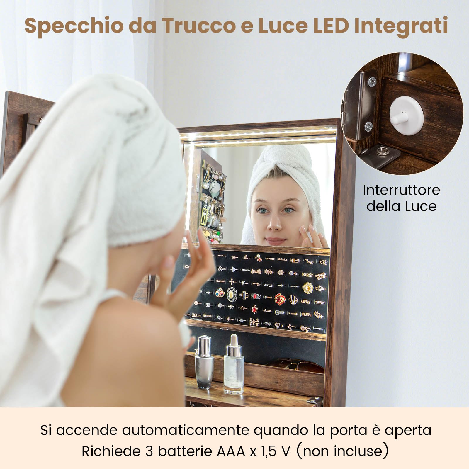 RELAX4LIFE Specchio Portagioie da Terra, Armadietto Portagioie con Specchio a Figura Intera, Luci LED e 4 Ruote con Freno per Camera da Letto (Noce)