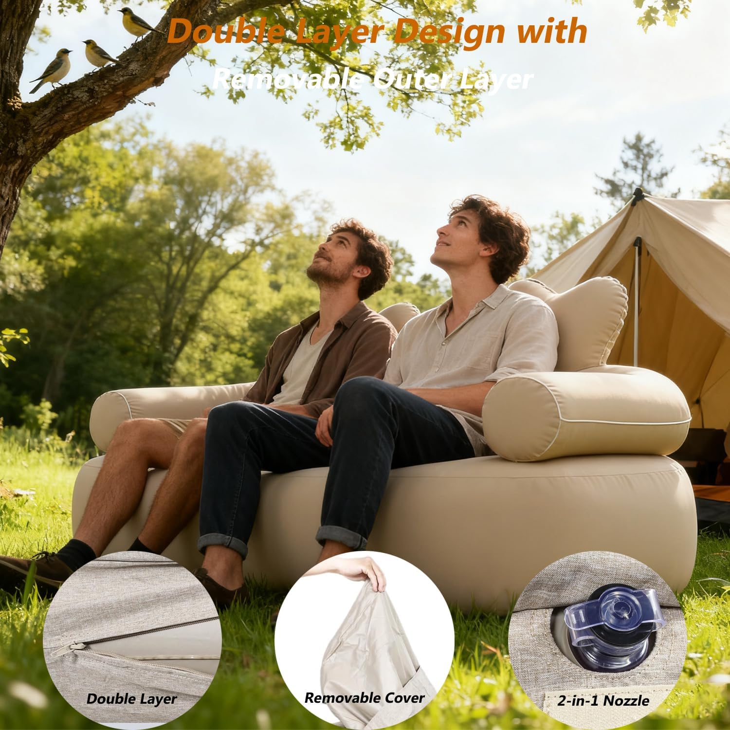 Inflatable Couch Outdoor Air Sofa, LED Blow Up Couches for Camping with Built-in Air Pump Rechargeable, Air Couch Self Inflatable Sofa Support 660 lbs, Inflatable Chair for Picnic Beach Home | Self Inflatable, Double Layers Design