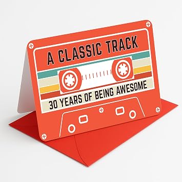 30th Birthday Card, Retro Cassette Tape, Folded 4.5x7 Greeting Card