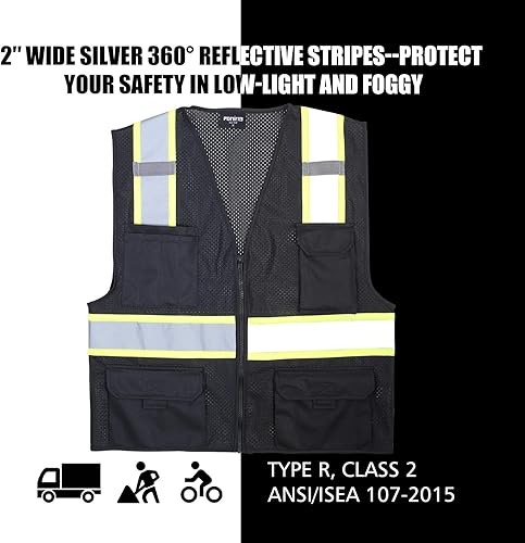 Miniatura 5 de FONIRRA Chaleco de seguridad reflectante de alta visibilidad para hombre, chaleco de trabajo de construcción ANSI Clase 2 con bolsillos y cremallera